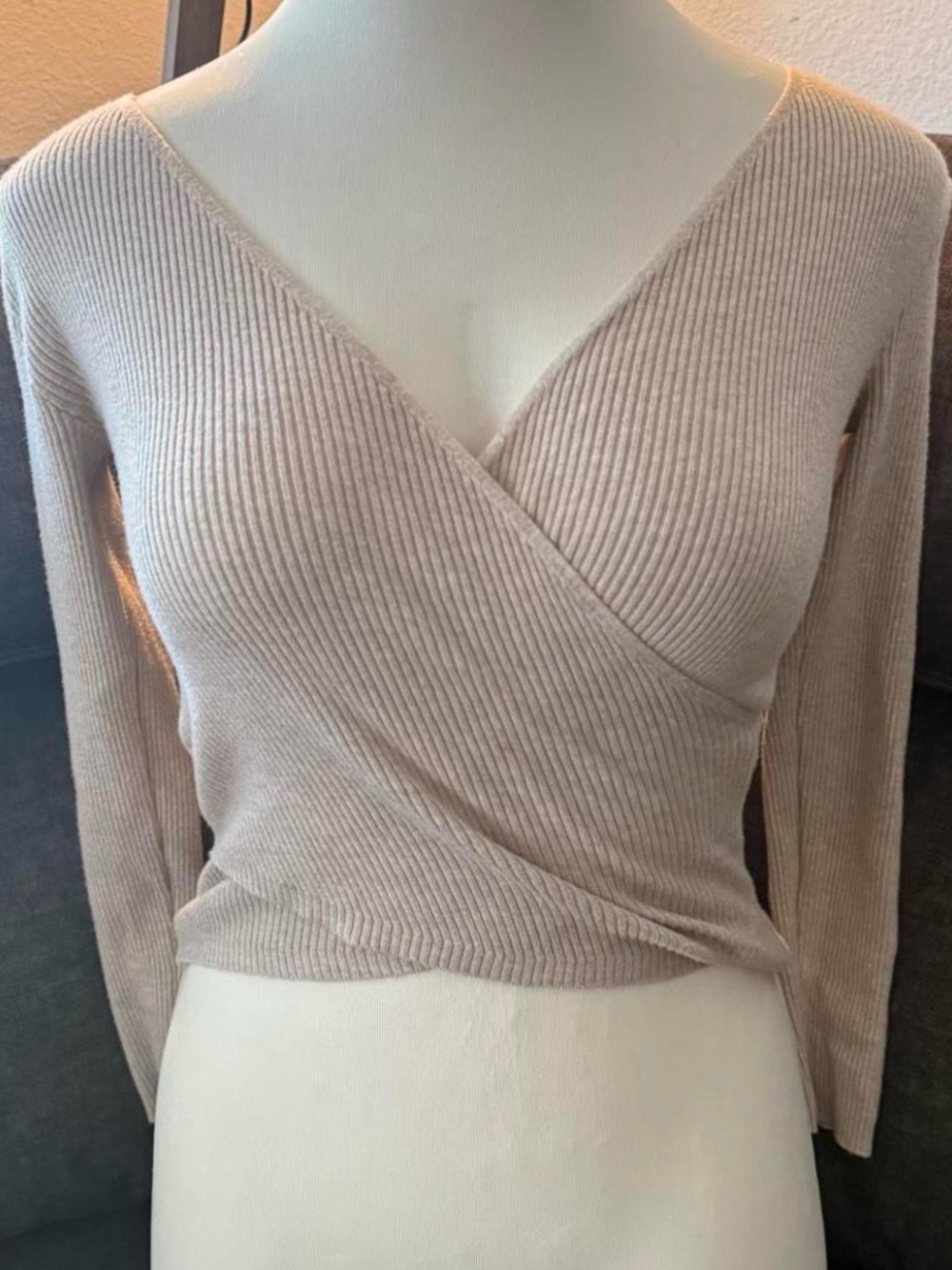 Ribbed Wrap V-Neck Long Sleeve Sweater - Beige